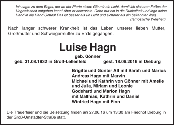 Traueranzeige von Luise Hagn von Trauerportal Echo Online