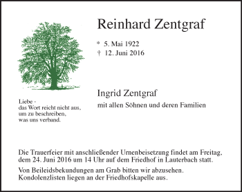 Traueranzeige von Reinhard Zentgraf von VRM Trauer