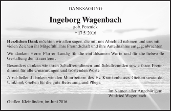 Traueranzeige von Ingeborg Wagenbach von  Gießener Anzeiger