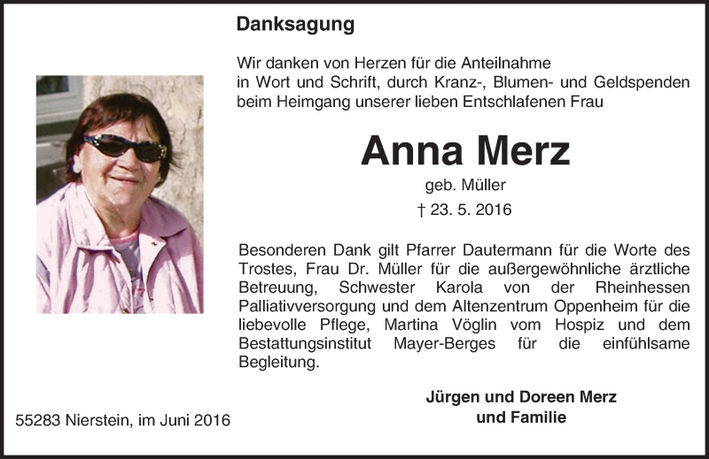  Traueranzeige für Anna Merz vom 25.06.2016 aus Trauerportal Rhein Main Presse