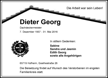 Traueranzeige von Dieter Georg von  Hofheimer Zeitung