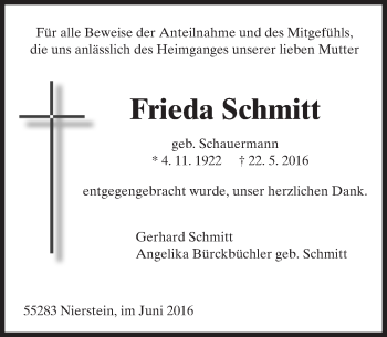 Traueranzeige von Frieda Schmitt von Trauerportal Rhein Main Presse