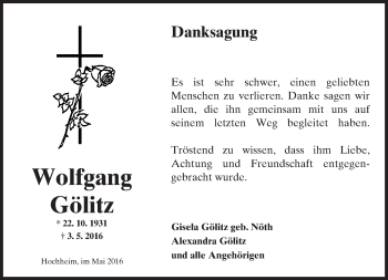 Traueranzeige von Wolfgang Gölitz von  Hochheimer Zeitung