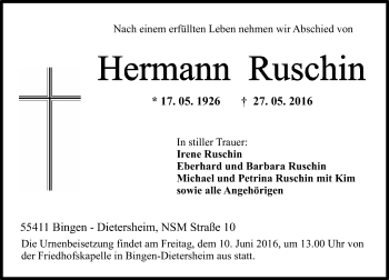 Traueranzeige von Hermann Ruschin von  Allgemeine  Zeitung Ingelheim-Bingen