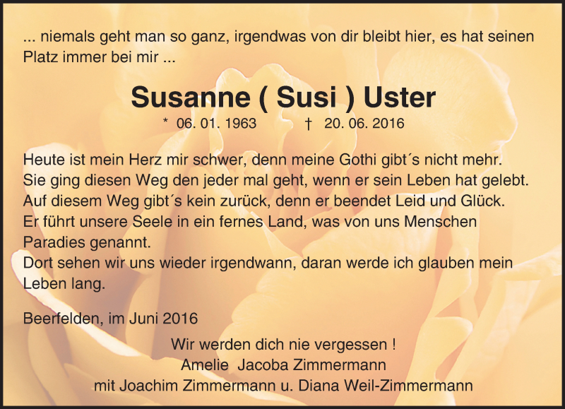  Traueranzeige für Susanne Uster vom 24.06.2016 aus Trauerportal Echo Online