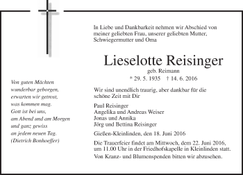 Traueranzeige von Lieselotte Reisinger von  Gießener Anzeiger