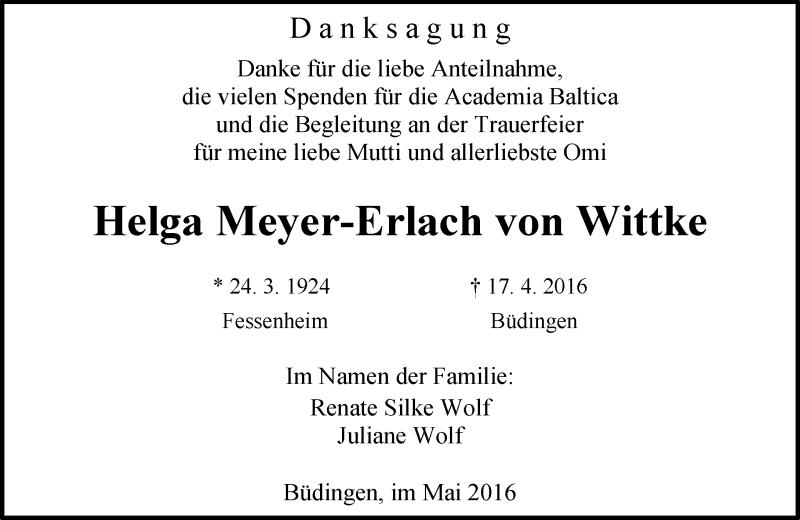  Traueranzeige für Helga Meyer-Erlach von Wittke vom 04.06.2016 aus  Allgemeine  Zeitung Ingelheim-Bingen