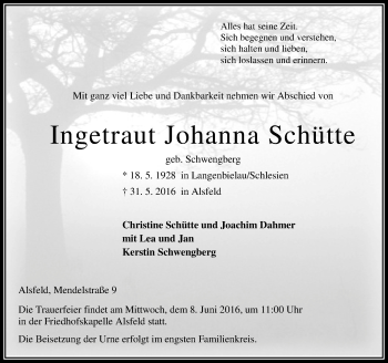 Traueranzeige von Ingetraut Johanna Schütte von VRM Trauer