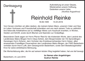 Traueranzeige von Reinhold Reinke von  Allgemeine  Zeitung Ingelheim-Bingen