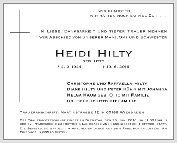 Traueranzeige von Heidi Hilty von Trauerportal Rhein Main Presse
