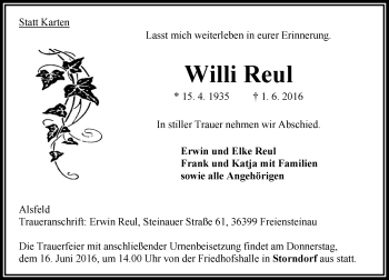 Traueranzeige von Willi Reul von VRM Trauer