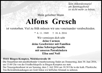 Traueranzeige von Alfons Gresch von Trauerportal Rhein Main Presse