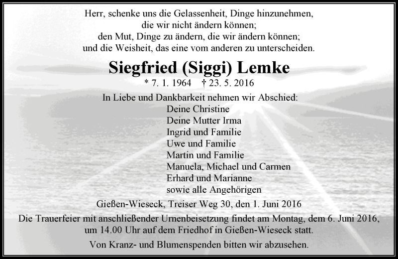 Traueranzeige für Siegfried  Lemke vom 01.06.2016 aus  Gießener Anzeiger