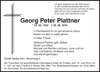 Traueranzeige von Georg Peter Plattner von  Allgemeine Zeitung Mainz