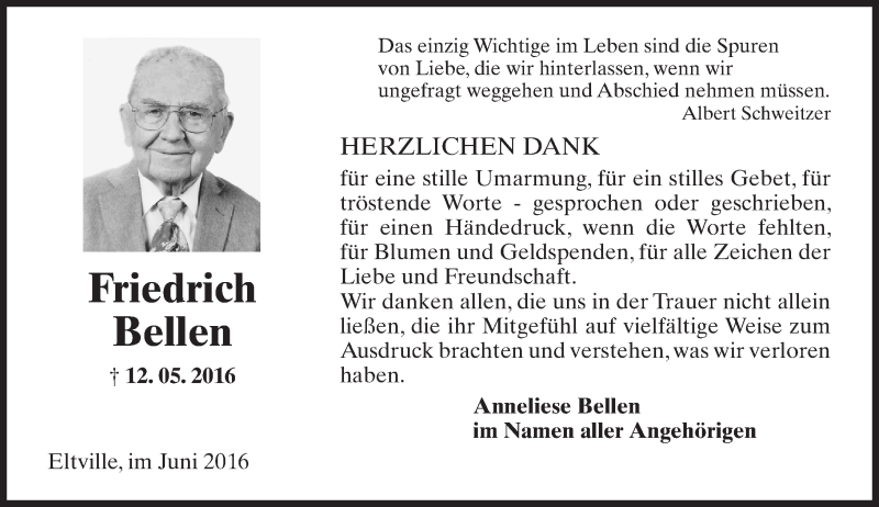  Traueranzeige für Friedrich Bellen vom 11.06.2016 aus  Wiesbaden komplett