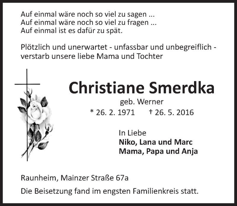  Traueranzeige für Christiane Smerdka vom 04.06.2016 aus  Mainspitze