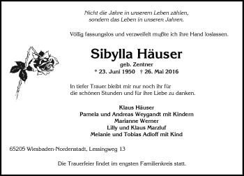 Traueranzeige von Sibylla Häuser von  Wiesbaden komplett