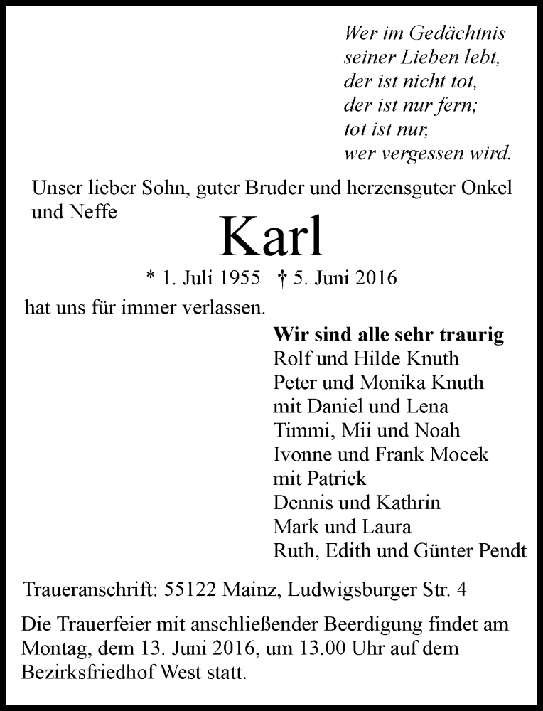  Traueranzeige für Karl  vom 09.06.2016 aus  Allgemeine Zeitung Mainz