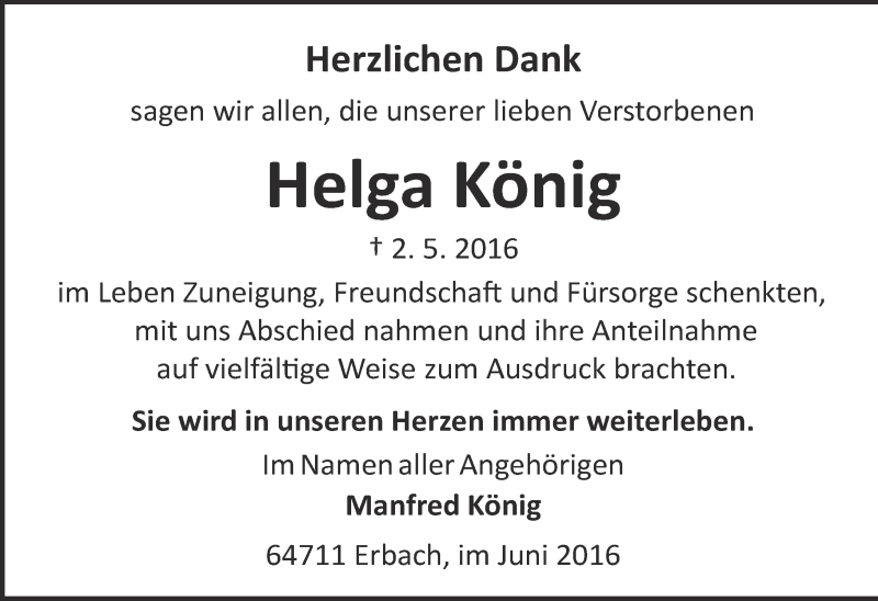  Traueranzeige für Helga König vom 04.06.2016 aus Trauerportal Echo Online