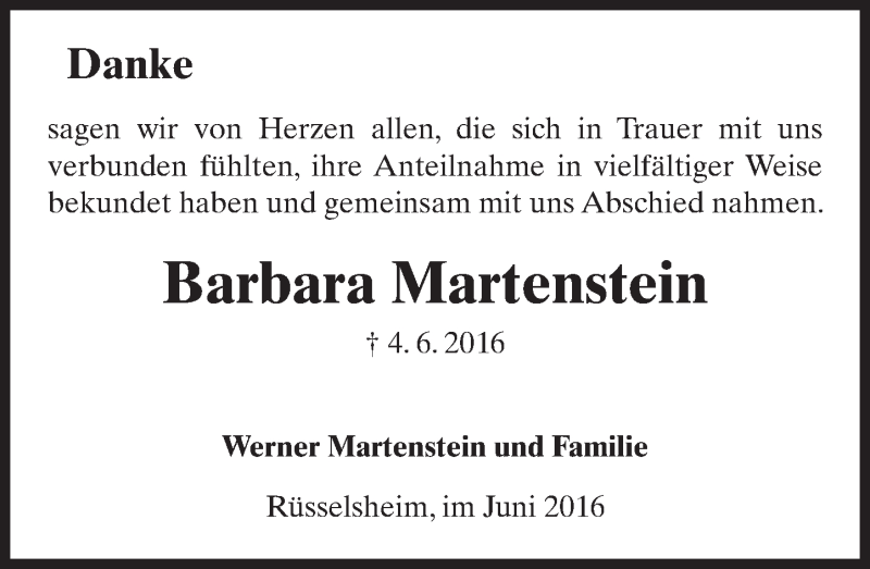  Traueranzeige für Barbara Martenstein vom 29.06.2016 aus Trauerportal Rhein Main Presse