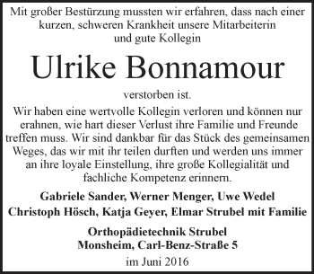 Traueranzeige von Ulrike Bonnamour von Trauerportal Rhein Main Presse