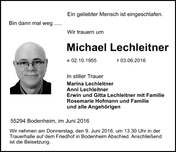 Traueranzeige von Michael Lechleitner von  Allgemeine Zeitung Mainz