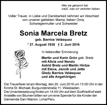 Traueranzeige von Sonia Marcela Bretz von  Wiesbaden komplett