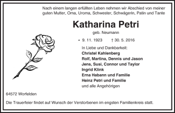 Traueranzeige von Katharina Petri von Trauerportal Echo Online