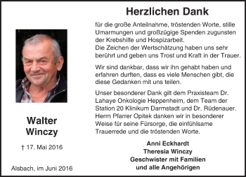 Traueranzeige von Walter Wincy von Trauerportal Echo Online