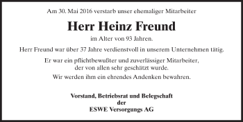 Traueranzeige von Heinz Freund von  Wiesbaden komplett