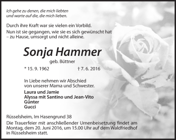 Traueranzeige von Sonja Hammer von  Mainspitze