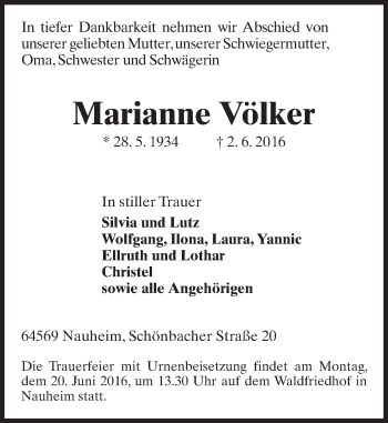 Traueranzeige von Marianne Völker von Trauerportal Echo Online