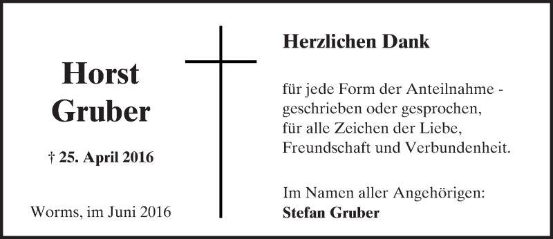  Traueranzeige für Horst Gruber vom 02.06.2016 aus  Wormser Zeitung