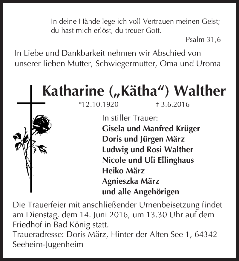  Traueranzeige für Katharine Walther vom 11.06.2016 aus Trauerportal Echo Online