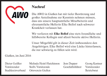 Traueranzeige von Elke Bellof von  Gießener Anzeiger