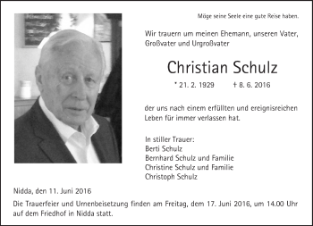Traueranzeige von Christian Schulz von  Kreisanzeiger