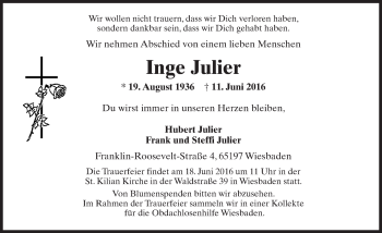 Traueranzeige von Inge Julier von Trauerportal Rhein Main Presse