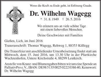 Traueranzeige von Wilhelm Wagegg von  Gießener Anzeiger