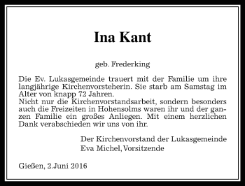 Traueranzeige von Ina Kant von  Gießener Anzeiger