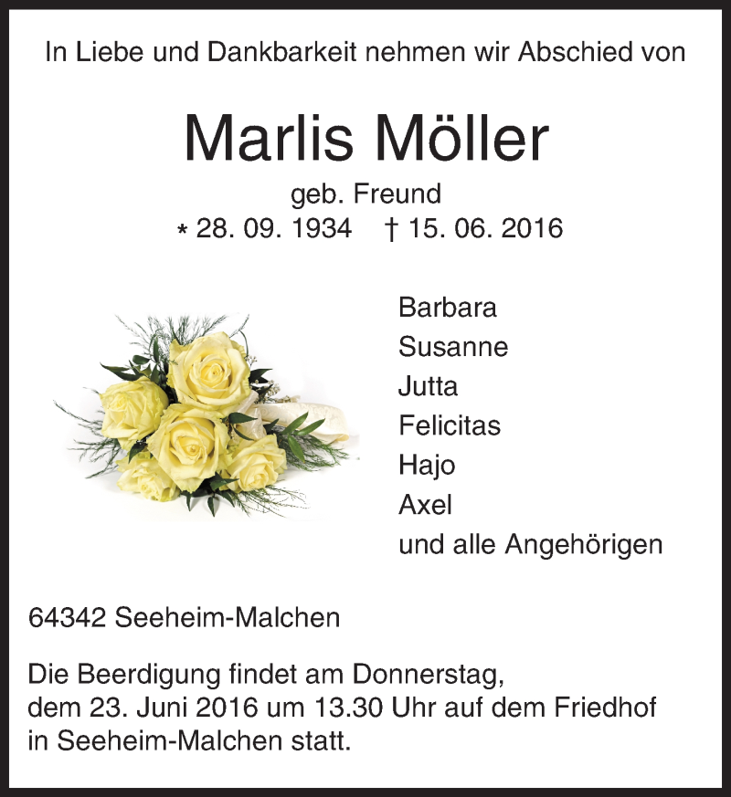 Traueranzeige für Marlis Möller vom 18.06.2016 aus Trauerportal Echo Online