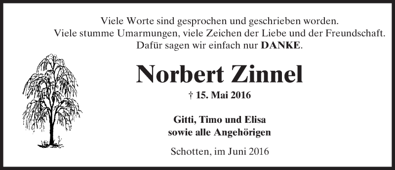  Traueranzeige für Norbert Zinnel vom 25.06.2016 aus  Kreisanzeiger