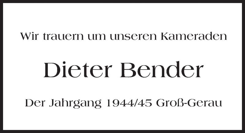  Traueranzeige für Dieter Bender vom 22.06.2016 aus Trauerportal Echo Online