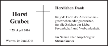 Traueranzeige von Horst Gruber von  Wormser Zeitung