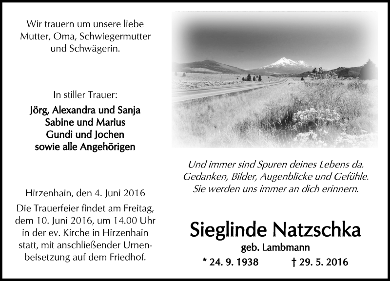 Traueranzeige für Sieglinde Natzschka vom 04.06.2016 aus  Kreisanzeiger