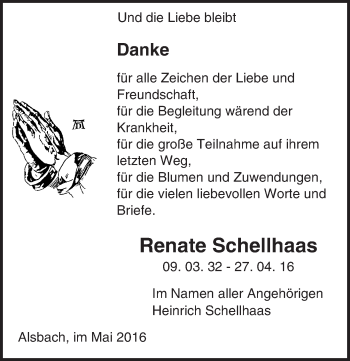 Traueranzeige von Renate Schellhaas von Trauerportal Echo Online