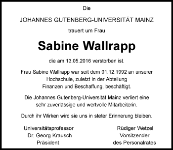 Traueranzeige von Sabine Wallrapp von Trauerportal Echo Online