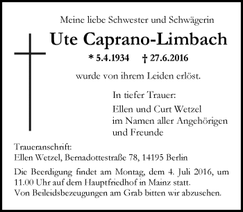 Traueranzeige von Ute Caprano-Limbach von Trauerportal Rhein Main Presse
