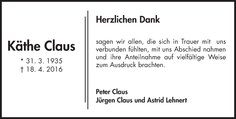  Traueranzeige für Käthe Claus vom 04.06.2016 aus  Mainspitze
