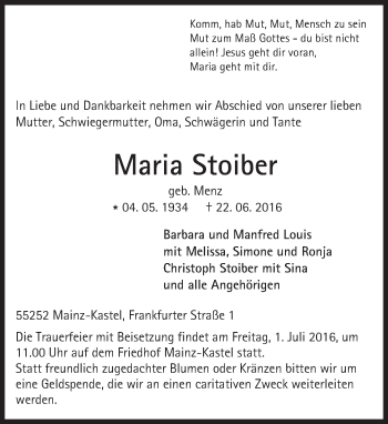 Traueranzeige von Maria Stoiber von Trauerportal Rhein Main Presse