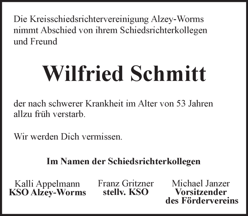  Traueranzeige für Wilfried Schmitt vom 23.06.2016 aus Trauerportal Rhein Main Presse